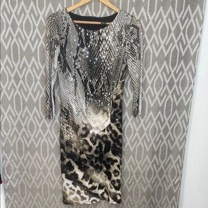 Frank Lyman Design Animal Print 3/4 Sleeve Sheath Dress with Sequins Size: 4